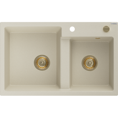 Mexen Tomas Granitspüle 2-beckig 800 x 500 mm, beige, goldener Siphon - 6516802000-69-G