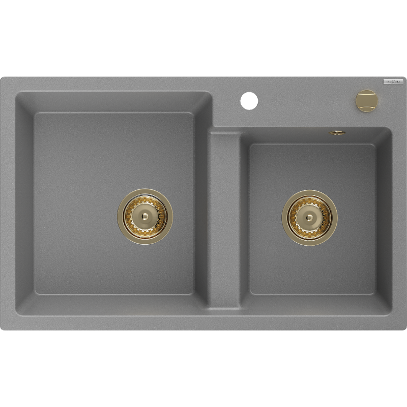Mexen Tomas 2-Kammer Granitspüle 800 x 500 mm, grau, goldener Siphon - 6516802000-71-G