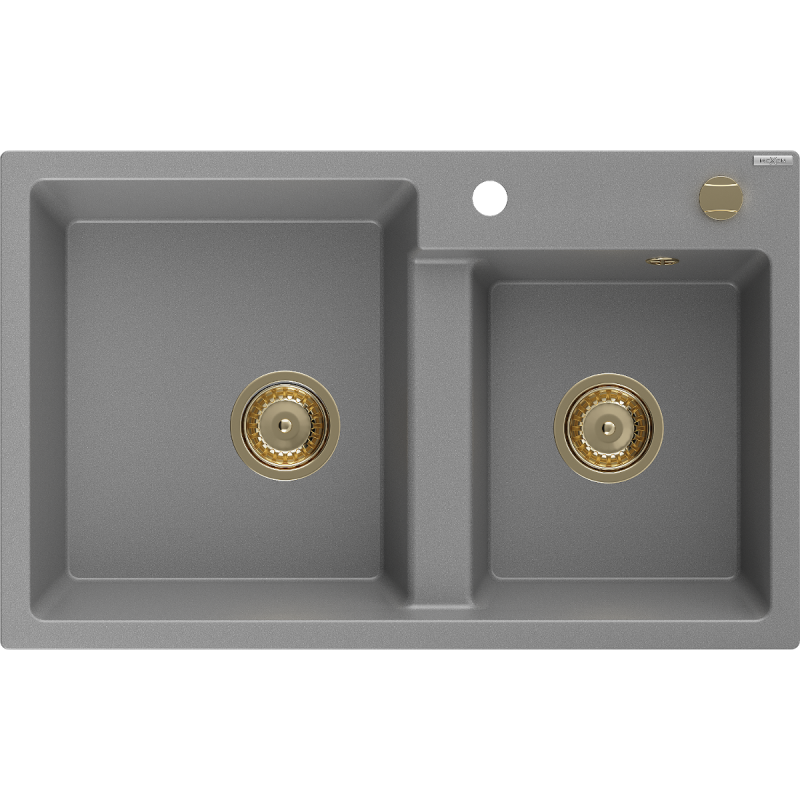 Mexen Tomas Granitspüle 2-Becken 800 x 500 mm, Grau, Goldener Siphon - 6516802000-71-G
