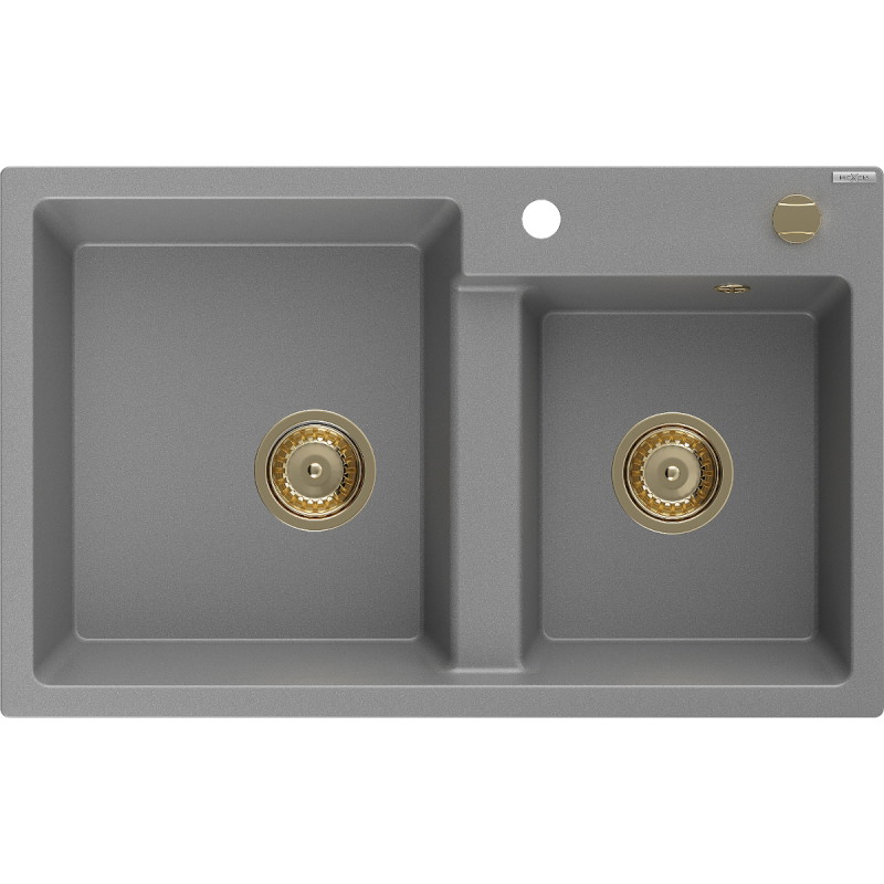 Mexen Tomas Granitspüle 2-Kammer 800 x 500 mm, grau, Siphon gold - 6516802000-71-G
