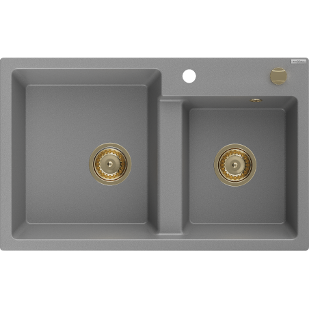 Mexen Tomas 2-Kammer Granitspüle 800 x 500 mm, grau, goldener Siphon - 6516802000-71-G