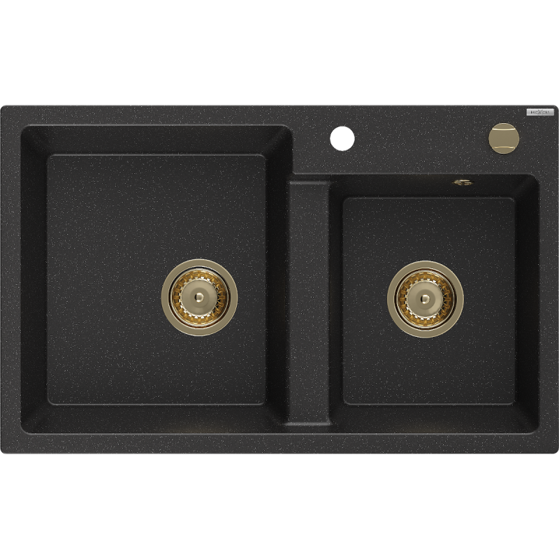Mexen Tomas Granitspüle 2-Becken 800 x 500 mm, schwarz/silber metallic, Siphon gold - 6516802000-73-G