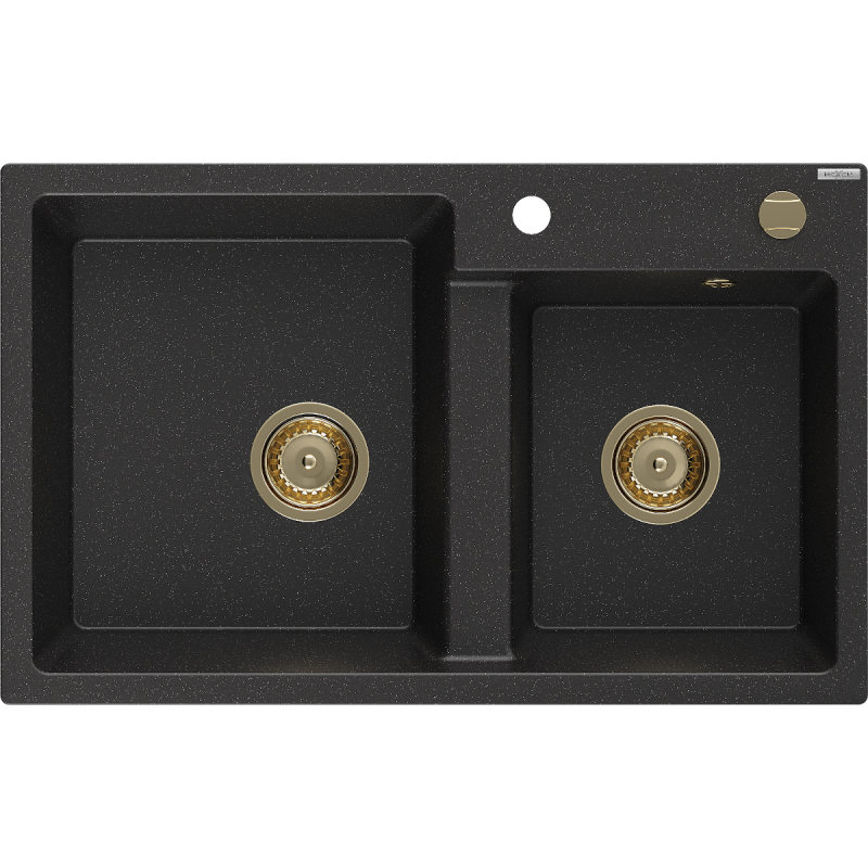 Mexen Tomas Granitspüle 2-Kammer 800 x 500 mm, schwarz/silber metallic, Syphon gold - 6516802000-73-G