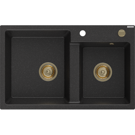 Mexen Tomas Granitspüle 2-Becken 800 x 500 mm, schwarz/silber metallic, Siphon gold - 6516802000-73-G