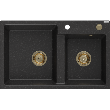 Mexen Tomas Granitspüle 2-Kammer 800 x 500 mm, schwarz/silber metallic, Syphon gold - 6516802000-73-G