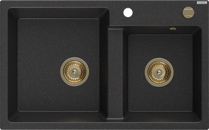 Mexen Tomas Granitspüle 2-Becken 800 x 500 mm, schwarz/silber metallic, Siphon gold - 6516802000-73-G