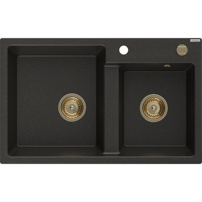 Mexen Tomas Granitspüle 2-fach, 800 x 500 mm, schwarz/goldener Metallic, goldener Siphon - 6516802000-75-G