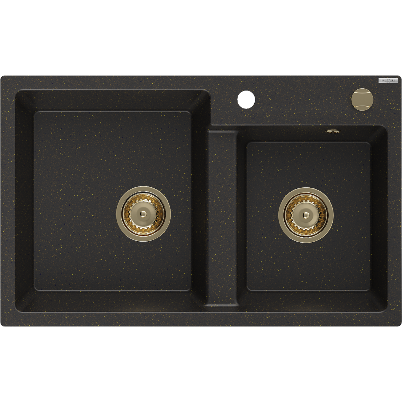 Mexen Tomas Granitspüle 2-Kammer 800 x 500 mm, schwarz/gold metallic, goldener Siphon - 6516802000-75-G