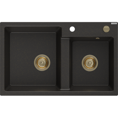 Mexen Tomas Granitspüle 2-Kammer 800 x 500 mm, schwarz/gold metallic, goldener Siphon - 6516802000-75-G
