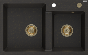 Mexen Tomas Granitspüle 2-fach, 800 x 500 mm, schwarz/goldener Metallic, goldener Siphon - 6516802000-75-G