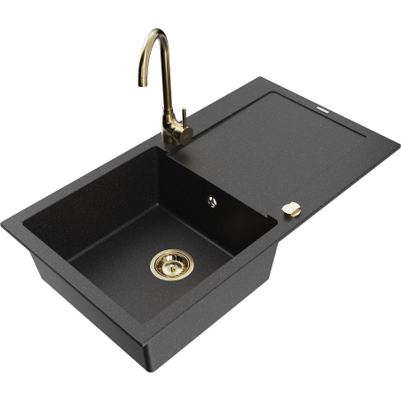 Mexen Leo Granitspüle 1-Becken mit Abtropffläche und Küchenarmatur Telma, schwarz/silber metallic - 6501-73-670200-50