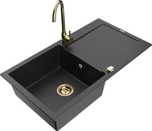 Mexen Leo Granitspüle 1-Becken mit Abtropffläche und Küchenarmatur Telma, schwarz/silber metallic - 6501-73-670200-50