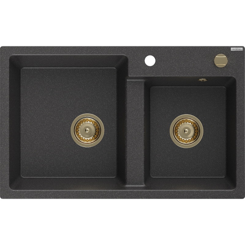 Mexen Tomas Granitspüle 2-Kammer 800 x 500 mm, Schwarz gesprenkelt, Siphon Gold - 6516802000-76-G