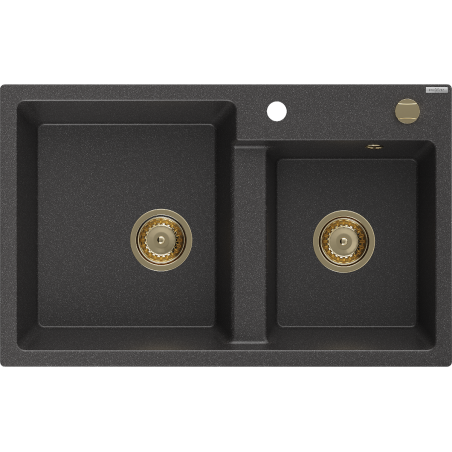 Mexen Tomas Granitspüle 2-Kammer 800 x 500 mm, Schwarz gesprenkelt, Siphon Gold - 6516802000-76-G
