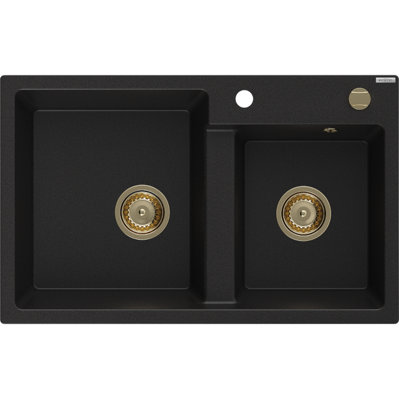 Mexen Tomas Granitspüle 2-Becken 800 x 500 mm, schwarz, Siphon gold - 6516802000-77-G