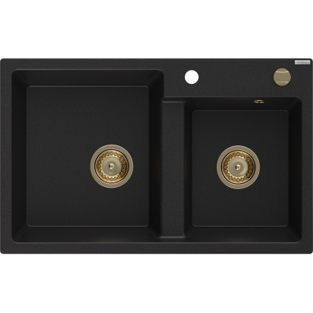 Mexen Tomas Granitspüle 2-Kammer 800 x 500 mm, schwarz, Goldener Siphon - 6516802000-77-G