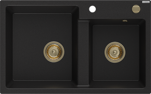 Mexen Tomas Granitspüle 2-Becken 800 x 500 mm, schwarz, Siphon gold - 6516802000-77-G