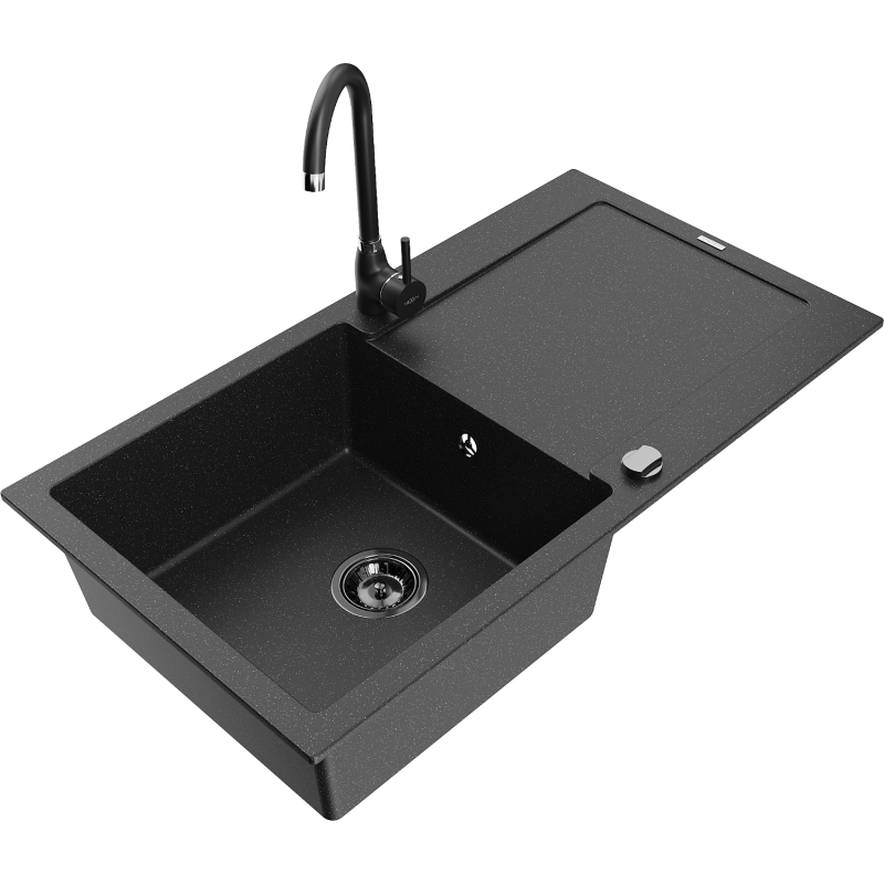 Mexen Leo Granitspüle 1-Kammer mit Abtropffläche und Küchenarmatur Telma, schwarz/silber metallic - 6501-73-670200-70-B