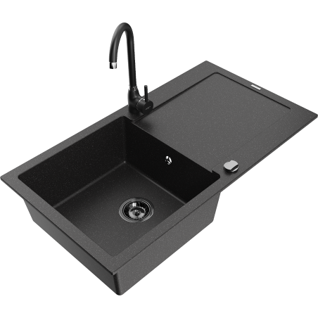 Mexen Leo granitspüle 1-becken mit abtropffläche und küchenarmatur Telma, schwarz/silber metallic - 6501-73-670200-70-B