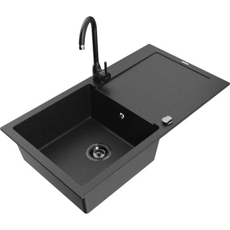 Mexen Leo Granitspüle 1-Kammer mit Abtropffläche und Küchenarmatur Telma, schwarz/silber metallic - 6501-73-670200-70-B