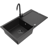 Mexen Leo granitspüle 1-becken mit abtropffläche und küchenarmatur Telma, schwarz/silber metallic - 6501-73-670200-70-B