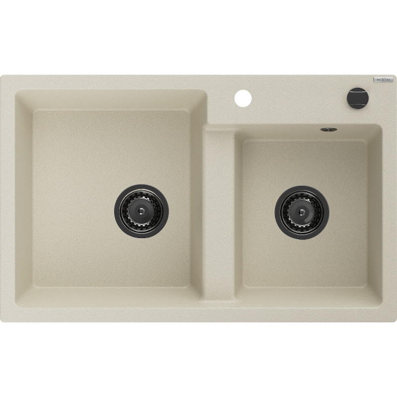 Mexen Tomas Granitspüle 2-beckig 800 x 500 mm, beige, Siphon schwarz - 6516802000-69-B