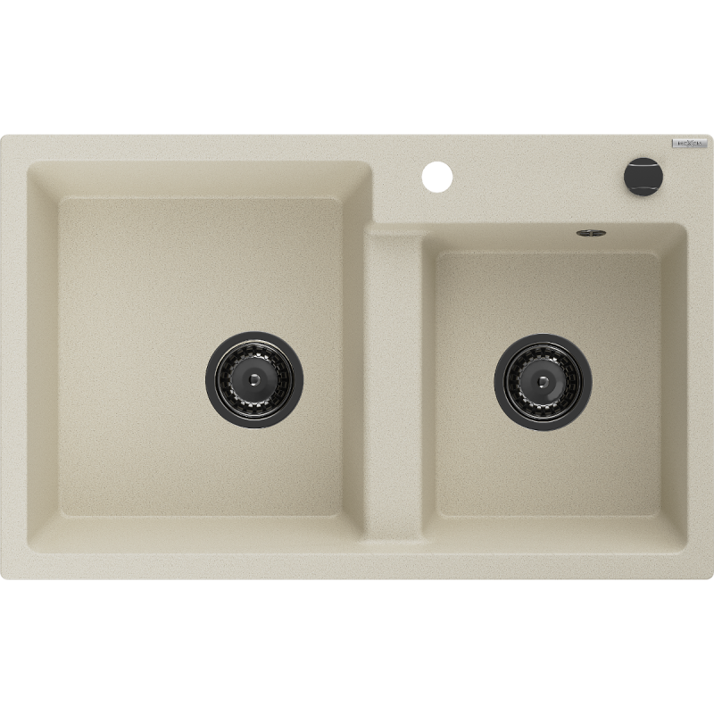 Mexen Tomas Granitspüle, 2-Kammer, 800 x 500 mm, beige, schwarzer Siphon - 6516802000-69-B