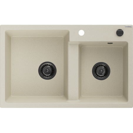 Mexen Tomas Granitspüle, 2-Kammer, 800 x 500 mm, beige, schwarzer Siphon - 6516802000-69-B