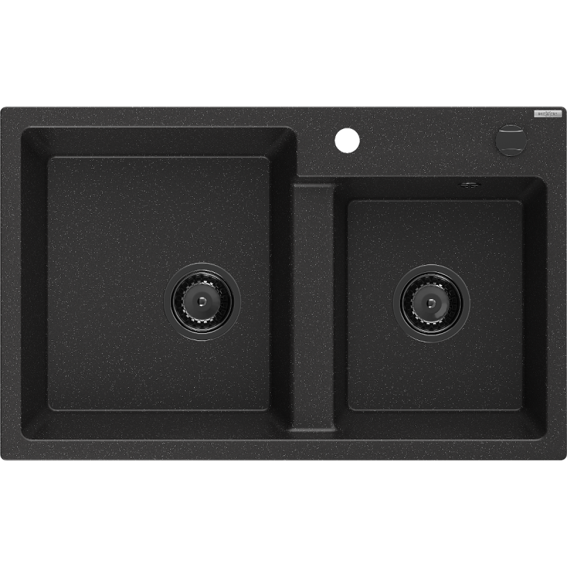 Mexen Tomas 2-Kammer-Granits Spülbecken 800 x 500 mm, schwarz/silber Metallic, schwarzer Siphon - 6516802000-73-B