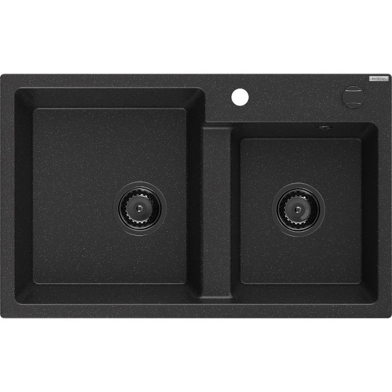 Mexen Tomas Granitspüle 2-Kammer 800 x 500 mm, schwarz/silber Metallic, schwarzer Siphon - 6516802000-73-B