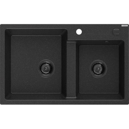 Mexen Tomas 2-Kammer-Granits Spülbecken 800 x 500 mm, schwarz/silber Metallic, schwarzer Siphon - 6516802000-73-B