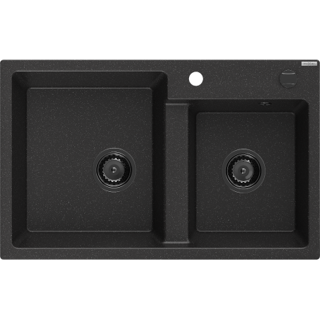 Mexen Tomas Granitspüle 2-Kammer 800 x 500 mm, schwarz/silber Metallic, schwarzer Siphon - 6516802000-73-B
