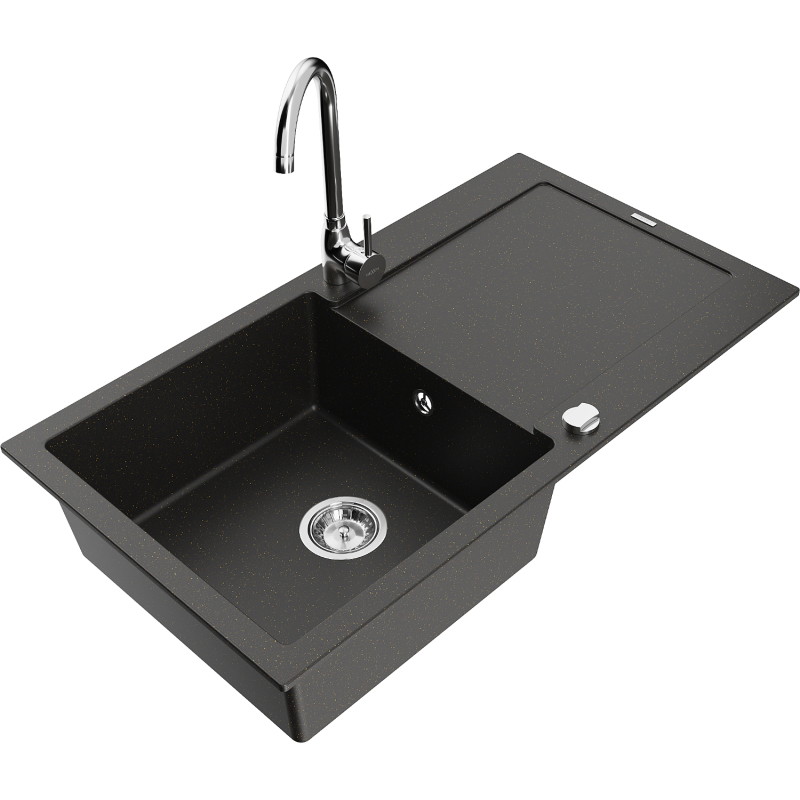 Mexen Leo granitspüle 1-becken mit abtropffläche und Küchenarmatur Telma, schwarz/gold metallic - 6501-75-670200-00