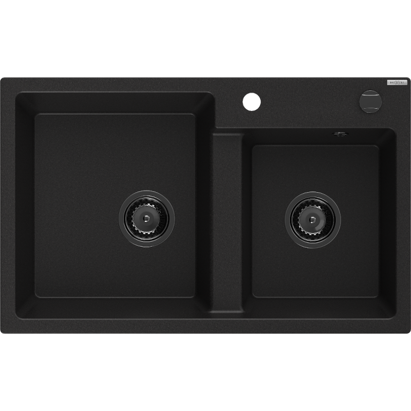 Mexen Tomas Granitspüle 2-Kammer 800 x 500 mm, schwarz, Siphon schwarz - 6516802000-77-B