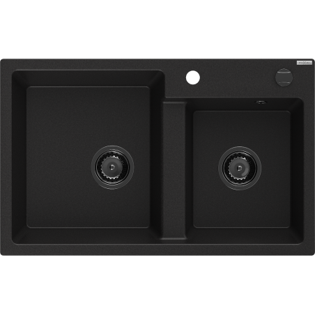 Mexen Tomas Granitspüle 2-Kammer 800 x 500 mm, schwarz, Siphon schwarz - 6516802000-77-B