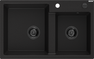 Mexen Tomas Granitspüle 2-Kammer 800 x 500 mm, schwarz, schwarzer Siphon - 6516802000-77-B