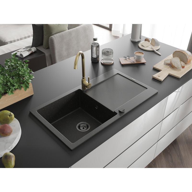 Mexen Leo Granitspüle 1-Becken mit Abtropffläche und Küchenarmatur Telma, Schwarz/Gold Metallic - 6501-75-670200-50-B
