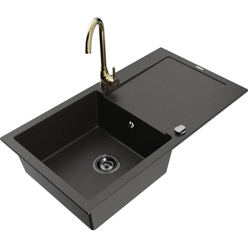Mexen Leo Granitspüle ein Becken mit Abtropffläche und Küchenarmatur Telma, schwarz/gold metallic - 6501-75-670200-50-B