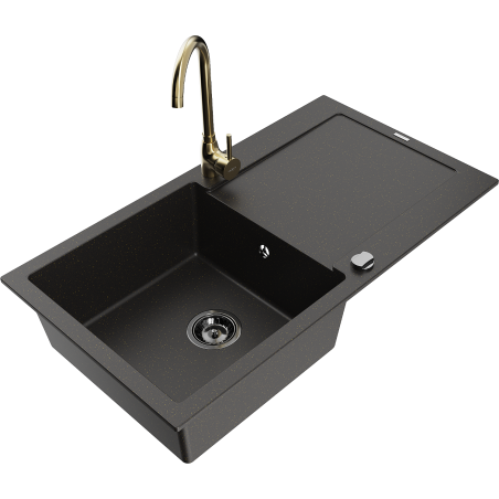 Mexen Leo Granitspüle 1-Becken mit Abtropffläche und Küchenarmatur Telma, Schwarz/Gold Metallic - 6501-75-670200-50-B