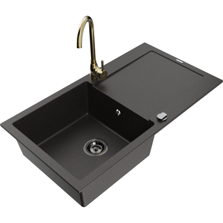Mexen Leo Granitspüle ein Becken mit Abtropffläche und Küchenarmatur Telma, schwarz/gold metallic - 6501-75-670200-50-B
