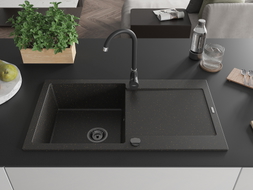 Mexen Leo Granitspüle 1-Becken mit Abtropffläche und Küchenarmatur Telma, schwarz/goldener Metallic - 6501-75-670200-70-B