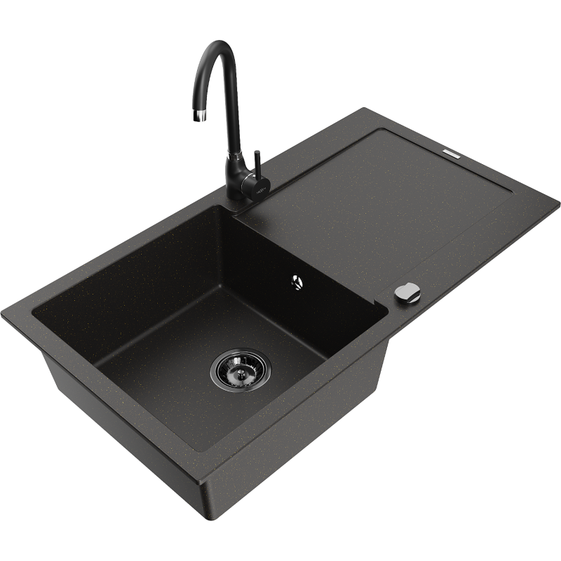 Mexen Leo Granitspüle 1-Becken mit Abtropffläche und Küchenarmatur Telma, schwarz/goldener Metallic - 6501-75-670200-70-B