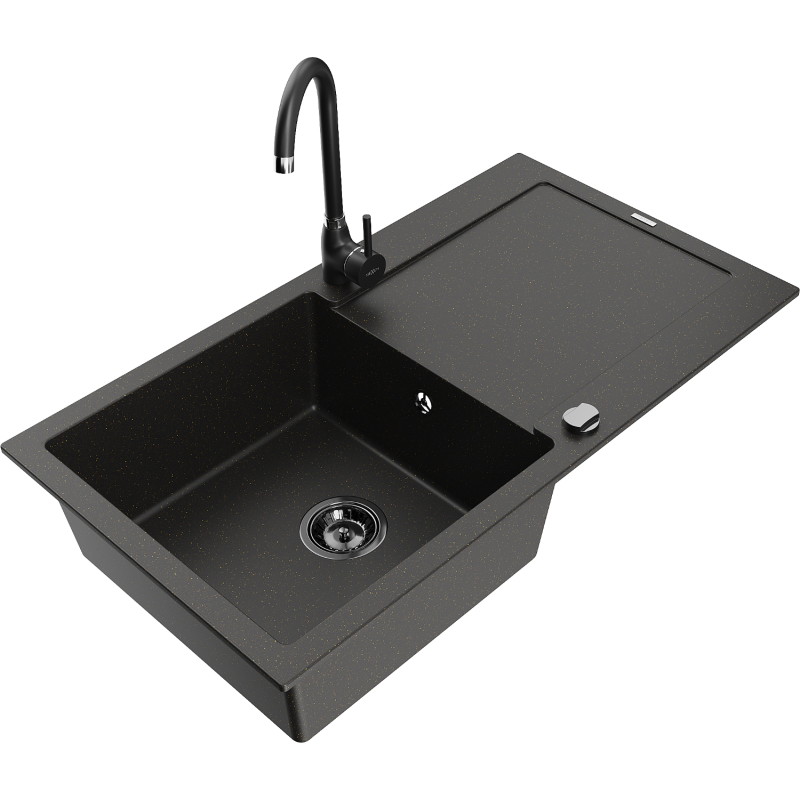 Mexen Leo Granitspüle 1-beckig mit Abtropffläche und Küchenarmatur Telma, schwarz/gold metallic - 6501-75-670200-70-B