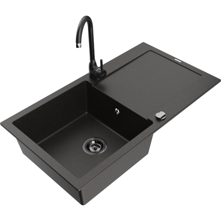 Mexen Leo Granitspüle 1-Becken mit Abtropffläche und Küchenarmatur Telma, schwarz/goldener Metallic - 6501-75-670200-70-B