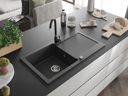 Mexen Leo Granitspüle 1-beckig mit Abtropffläche und Küchenarmatur Telma, schwarz gesprenkelt - 6501-76-670200-70