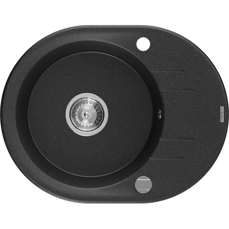 Mexen Kevin Granitspüle 1-Becken mit Abtropffläche 586 x 458 mm, schwarz/silber metallic, Siphon chrom - 6517581005-73
