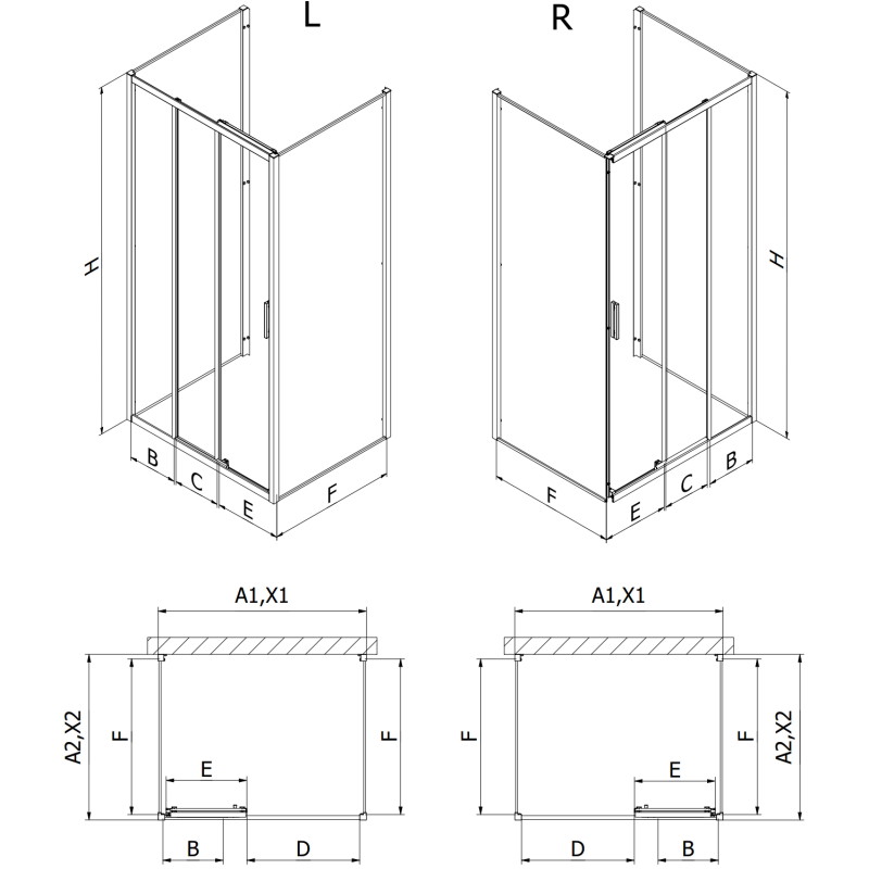 Mexen Exo-3S Dreiteilige Duschkabine 85 x 75 cm, transparent, schwarz - 8153-085-075-70-00-3S