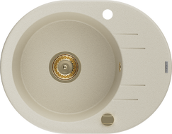 Mexen Kevin Granitspüle 1-Becken mit Abtropffläche 586 x 458 mm, beige, goldener Siphon - 6517581005-69-G