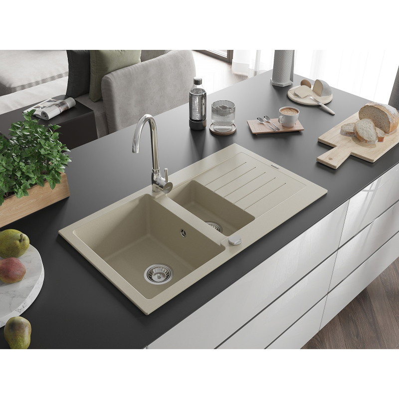 Mexen Matias Granitspüle 1,5-beckig mit Abtropffläche und Küchenarmatur Telma, beige - 6502-69-670200-00