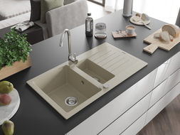 Mexen Matias Granitspüle 1,5-Kammer mit Abtropffläche und Küchenarmatur Telma, beige - 6502-69-670200-00